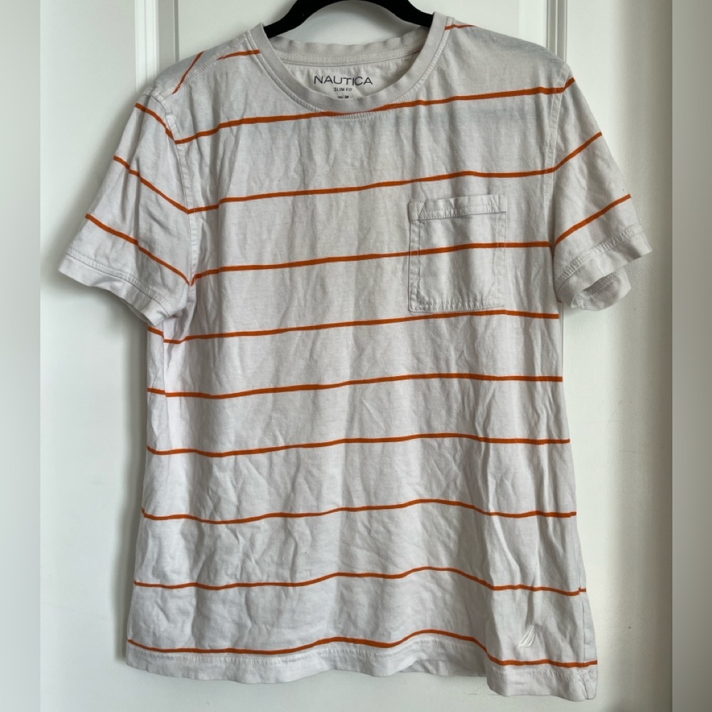Nautica Men's cream color short sleeve Tee with Orange Stripes size medium